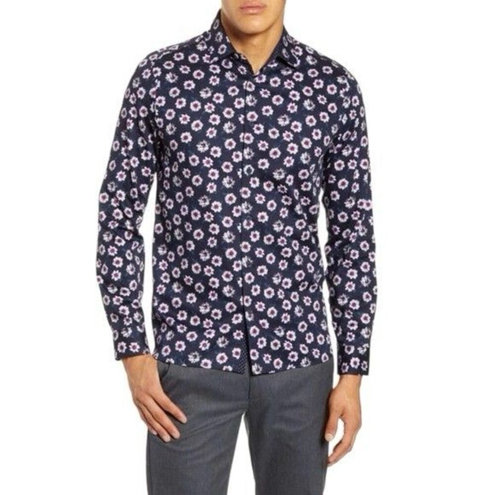 Ted Baker London Wewill Mens Slim Dress Shirt 7 Blue Floral Flip Cuff Button Up